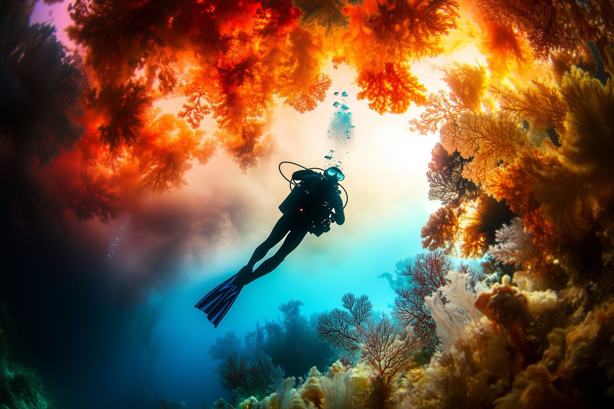 Scuba diver amidst vibrant coral reefs