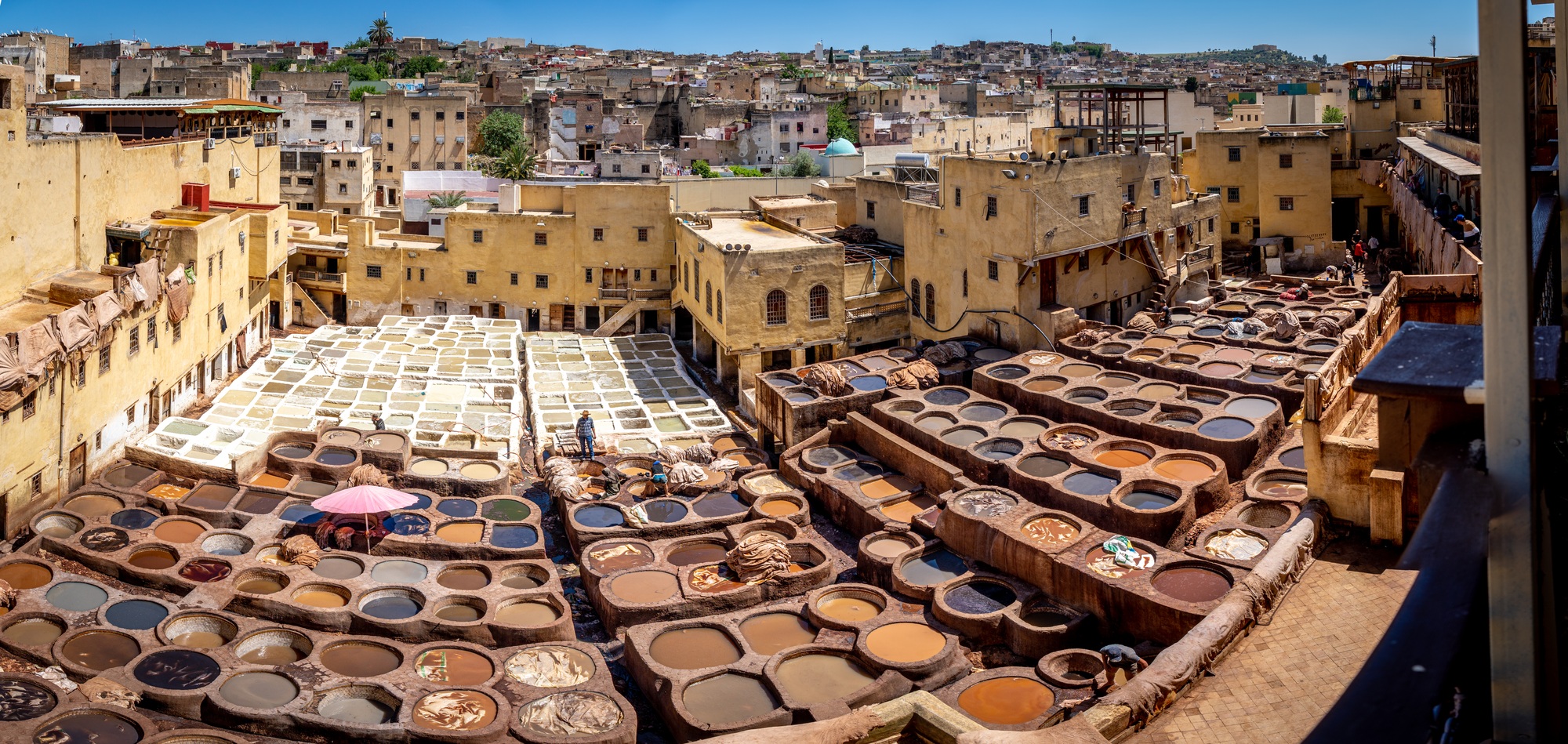 Chouwara Tannery Ultrapanorama, Expansive View of Fez's Traditional Leather Workshop