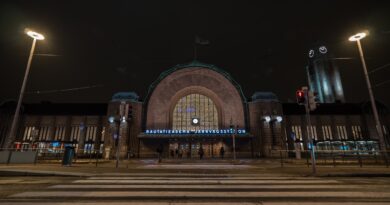 Pedestrian crossing leading to Helsinki Central railway station, night view