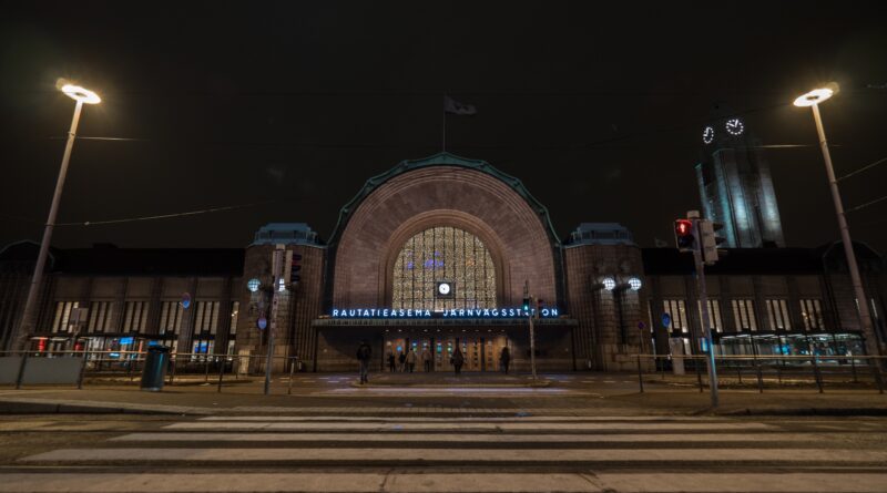 Pedestrian crossing leading to Helsinki Central railway station, night view