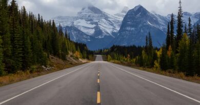 Scenic road in the Canadian Rockies during Fall Season