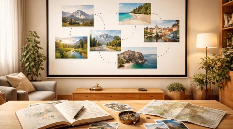 découvrez notre carnet de voyage interactif avec les étapes projetées sur écran de projection, idéal pour préparer votre aventure avant le départ.