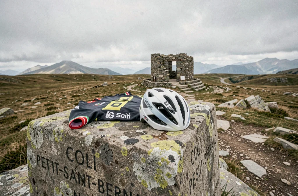 Borne kilométrique en pierre au sommet du Col du Petit-Saint-Bernard avec maillot de cycliste posé dessus et plateau alpin en fond