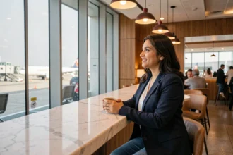 Femme buvant un café dans un café moderne de l'aéroport Mohammed V de Casablanca avec vue sur le tarmac