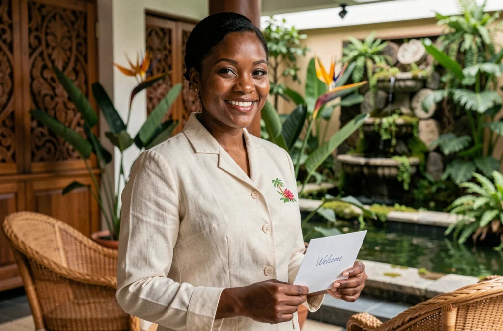 Concierge d'un hôtel de luxe écoresponsable en Guadeloupe dans un lobby ouvert décoré de matériaux naturels locaux