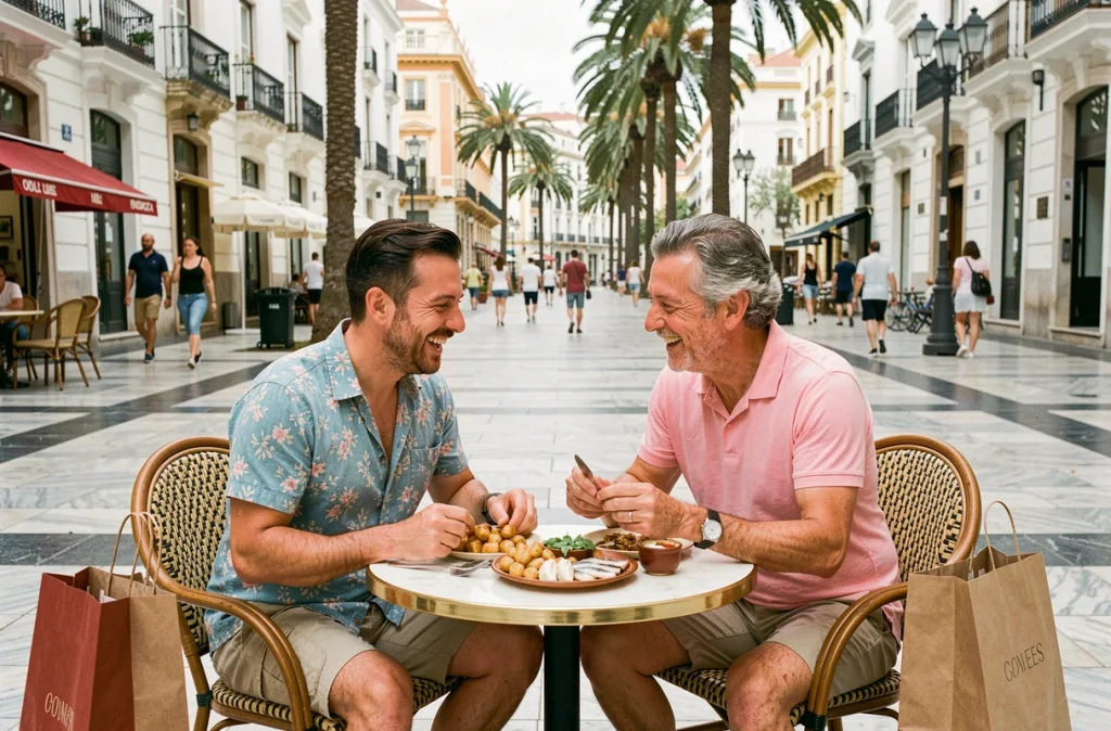 Couple profitant de tapas en terrasse sur la Calle Larios à Málaga après une session de shopping, sacs de boutiques posés à leurs pieds