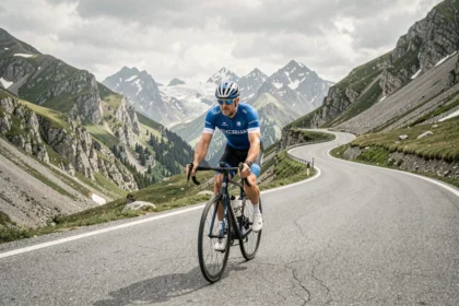Cycliste en maillot bleu et blanc gravissant les lacets du Col du Petit-Saint-Bernard avec un panorama alpin en arrière-plan