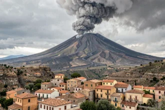 L'Etna en activité vue depuis un village sicilien traditionnel avec un panache de cendres volcaniques dans le ciel