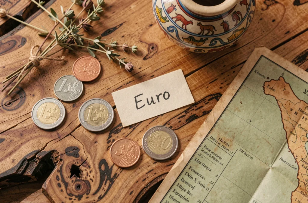 Composition éditoriale avec pièces d'euro grecques, carte de Crète et objets artisanaux crétois traditionnels