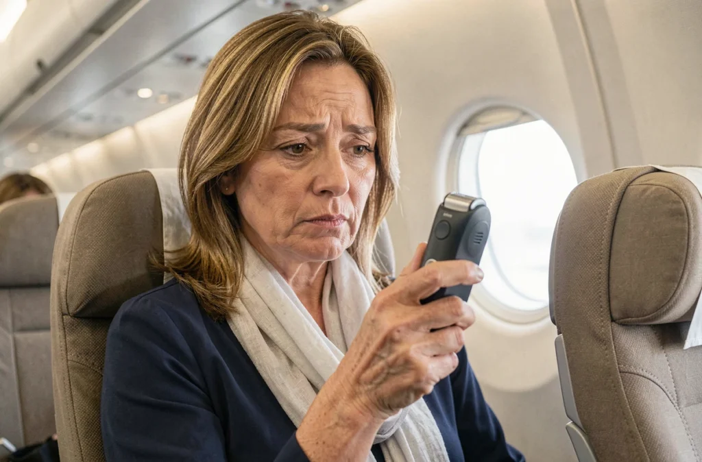 Femme en cabine d'avion vérifiant son rasoir électrique avant le décollage