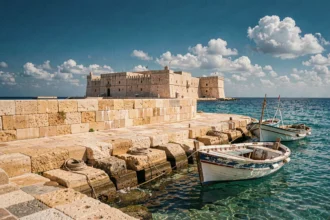 Le port d'Héraklion en Crète avec la forteresse vénitienne Koules et des bateaux de pêche traditionnels amarrés