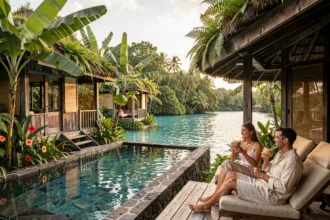Hôtel de luxe écoresponsable en Guadeloupe avec bungalows en bois recyclé et piscine à débordement face au lagon turquoise