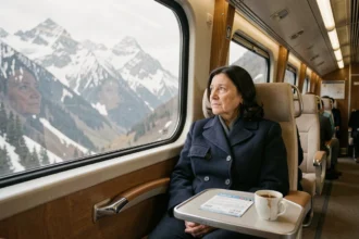 Femme regardant le paysage alpin depuis un train panoramique suisse, billet de train posé sur la tablette