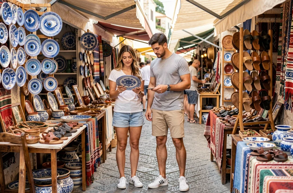 Couple explorant le marché artisanal et les boutiques de souvenirs du quartier Plaka à Athènes