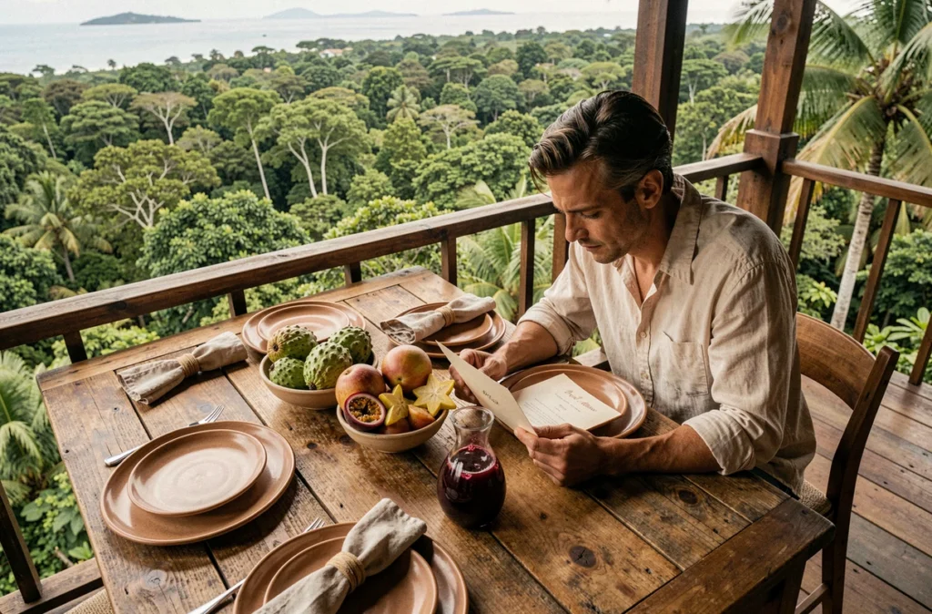 Petit-déjeuner gastronomique écoresponsable servi sur une terrasse en bois au-dessus de la canopée tropicale en Guadeloupe