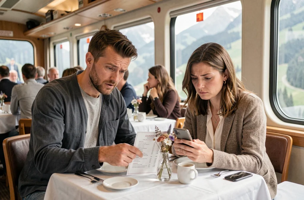 Couple examinant les prix du menu dans le wagon-restaurant d'un train panoramique suisse avec expression dubitative