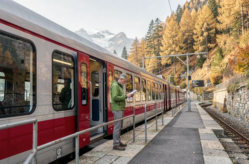 Homme consultant un horaire sur le quai d'une gare alpine suisse avec un train panoramique en arrière-plan