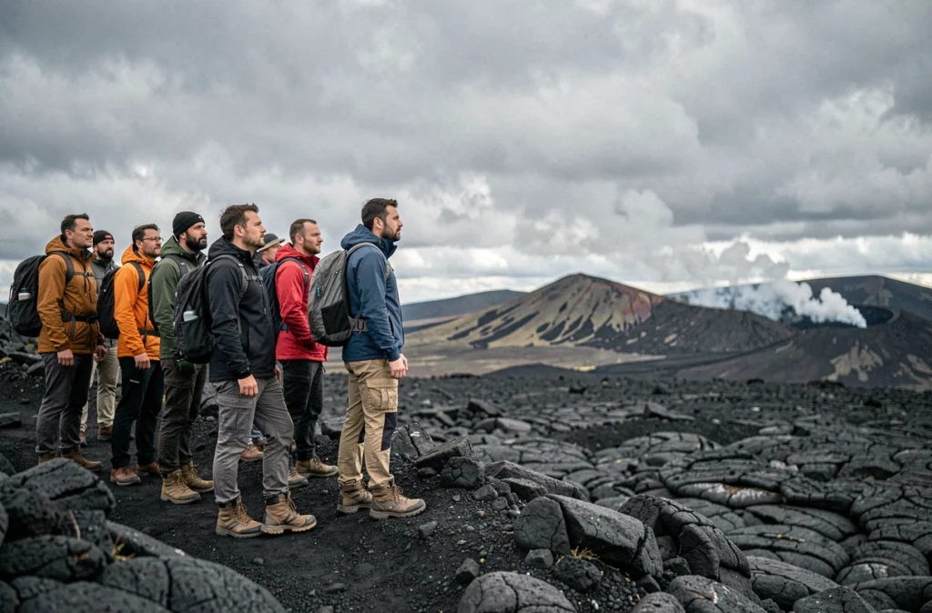 Des randonneurs observant les fumerolles du cratère de l'Etna depuis un champ de lave lors d'une excursion en Sicile
