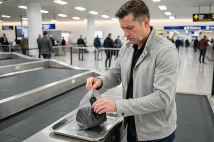 Voyageur plaçant un rasoir électrique dans un sac transparent au contrôle de sécurité de l'aéroport