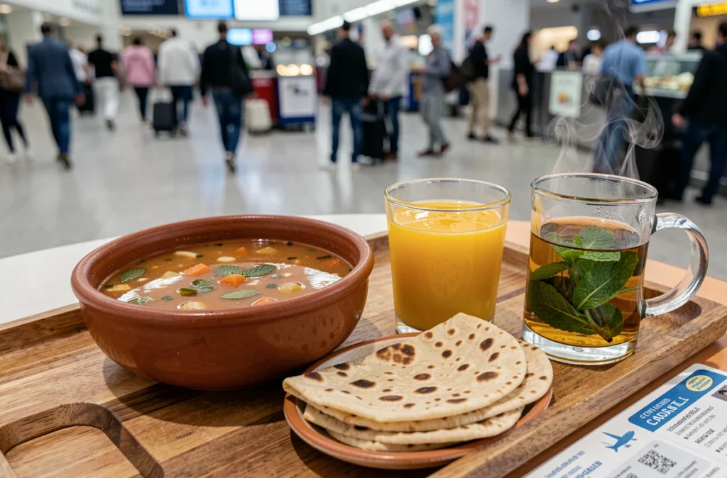 Plateau repas marocain avec harira, msemen et thé à la menthe dans un café de l'aéroport Mohammed V