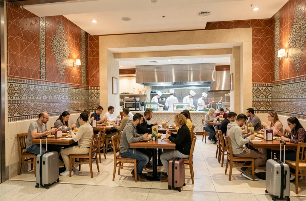 Restaurant animé à l'aéroport Mohammed V avec décor marocain et voyageurs attablés avant l'embarquement