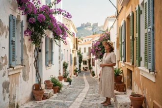 Ruelle pavée du quartier de Plaka à Athènes avec bougainvillées et vue sur l'Acropole