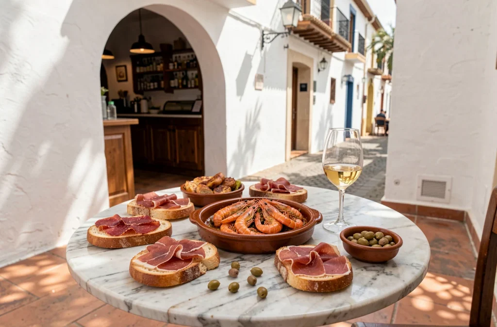 Assortiment de tapas espagnoles traditionnelles sur une terrasse du centre historique de Málaga, avec jambon ibérique, gambas et verre de fino