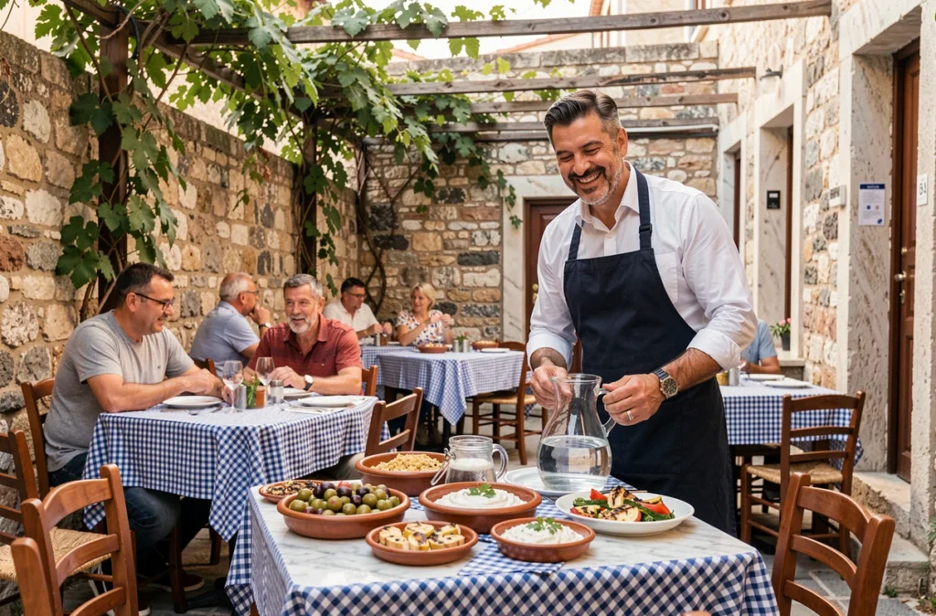 Terrasse de taverne grecque traditionnelle à Plaka avec mezze et ambiance authentique
