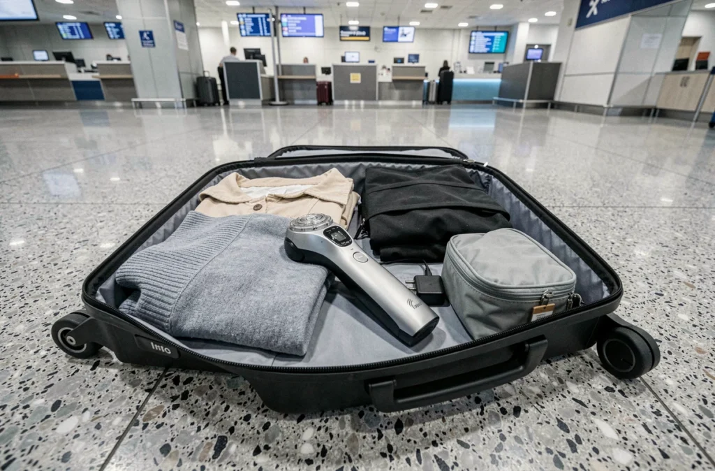 Valise cabine ouverte avec rasoir électrique rangé parmi les affaires de voyage à l'aéroport