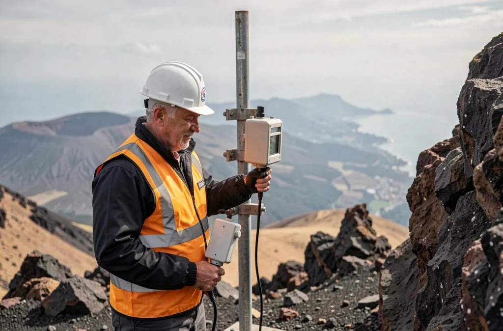 Un volcanologue surveillant l'activité de l'Etna avec des instruments de mesure scientifique sur les pentes du volcan en Sicile