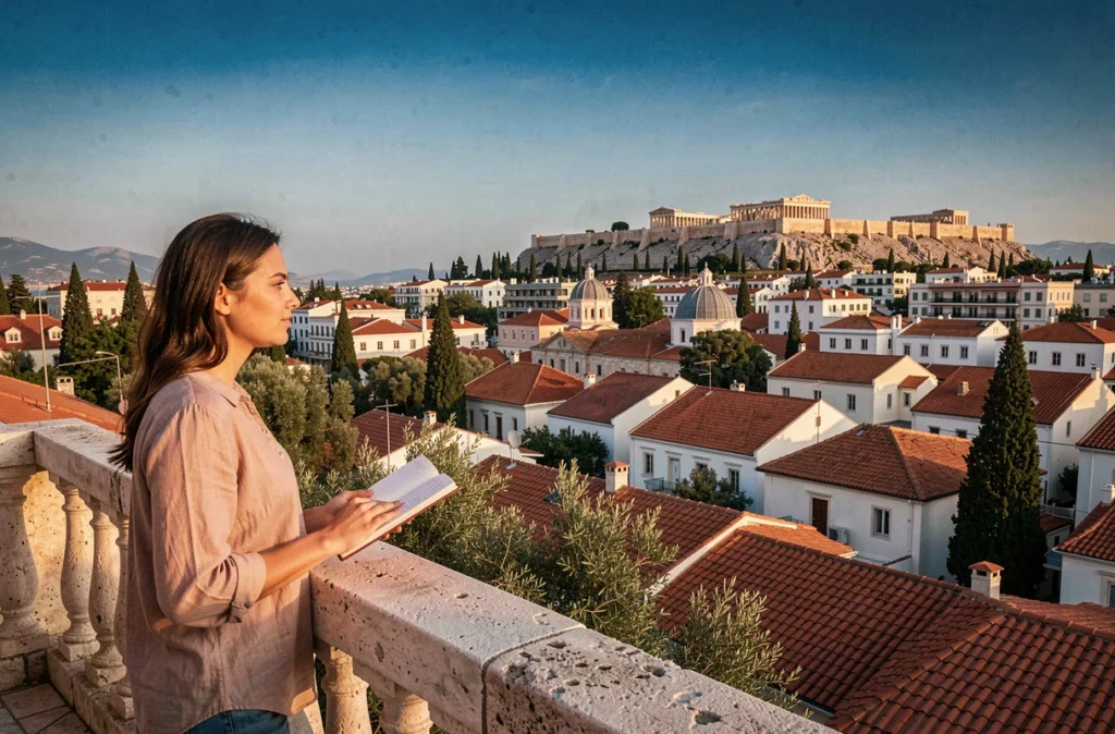 Vue panoramique sur les toits du quartier Plaka et l'Acropole depuis une terrasse d'hôtel à Athènes