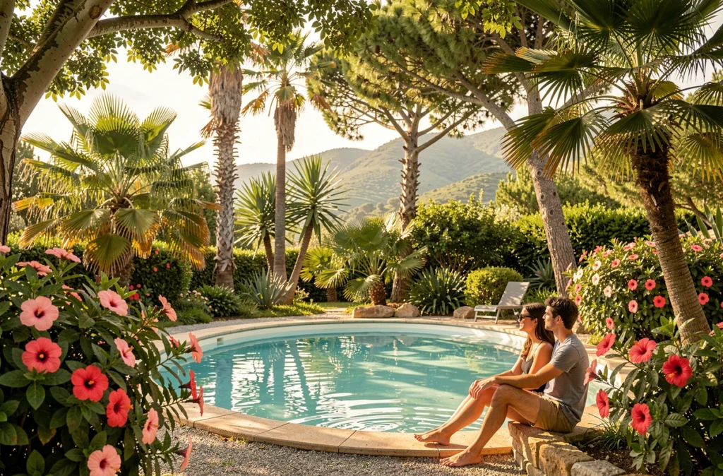 Piscine lagon du Camping Berrua à Bidart entourée de palmiers et de plantes exotiques dans les Pyrénées-Atlantiques