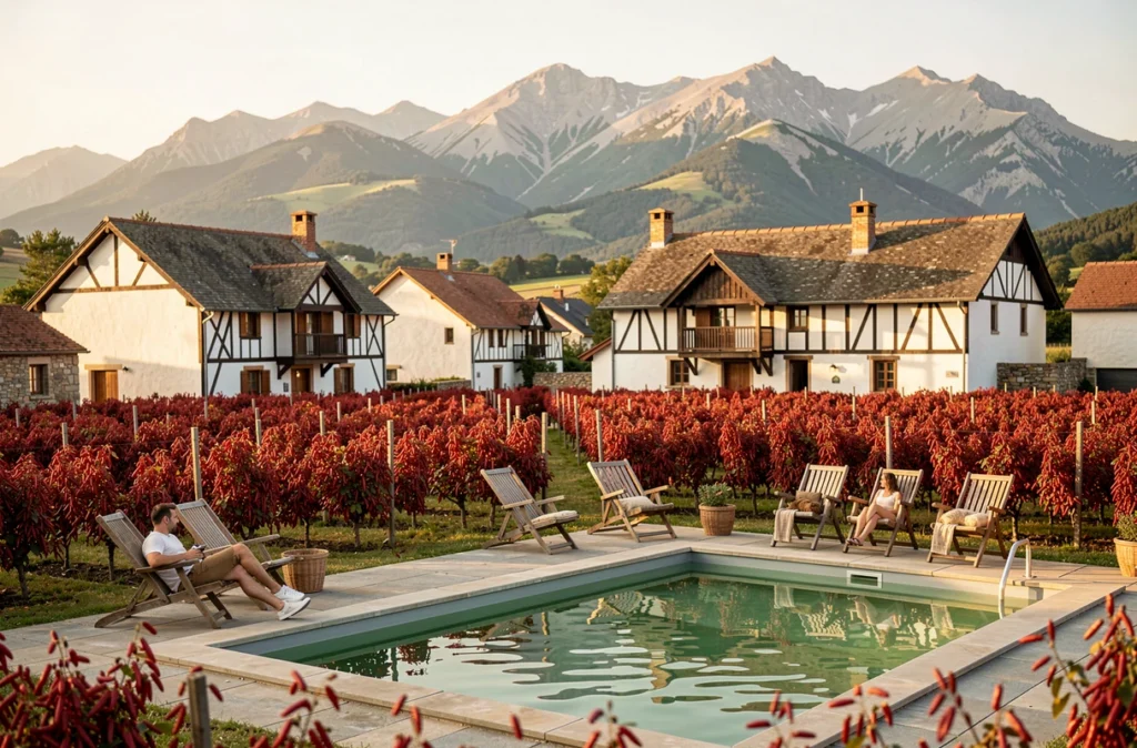 Piscine du Camping Biper Gorri à Espelette avec vue sur les maisons basques et les champs de piments rouges