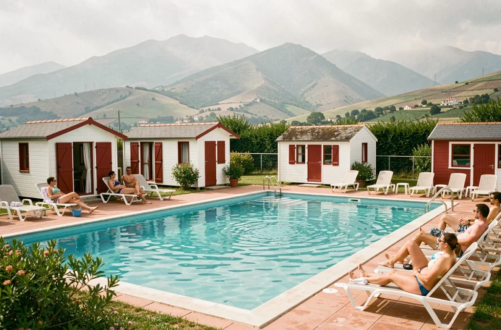 Piscine du Camping Itsas Mendi à Saint-Jean-de-Luz avec architecture basque et vue sur les collines des Pyrénées