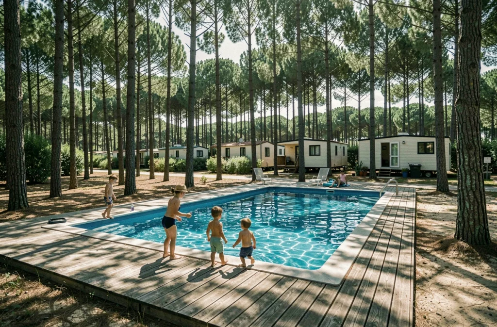 Piscine du Camping Les Mimosas à Carcans en Gironde entourée de pins maritimes et de chalets en bois