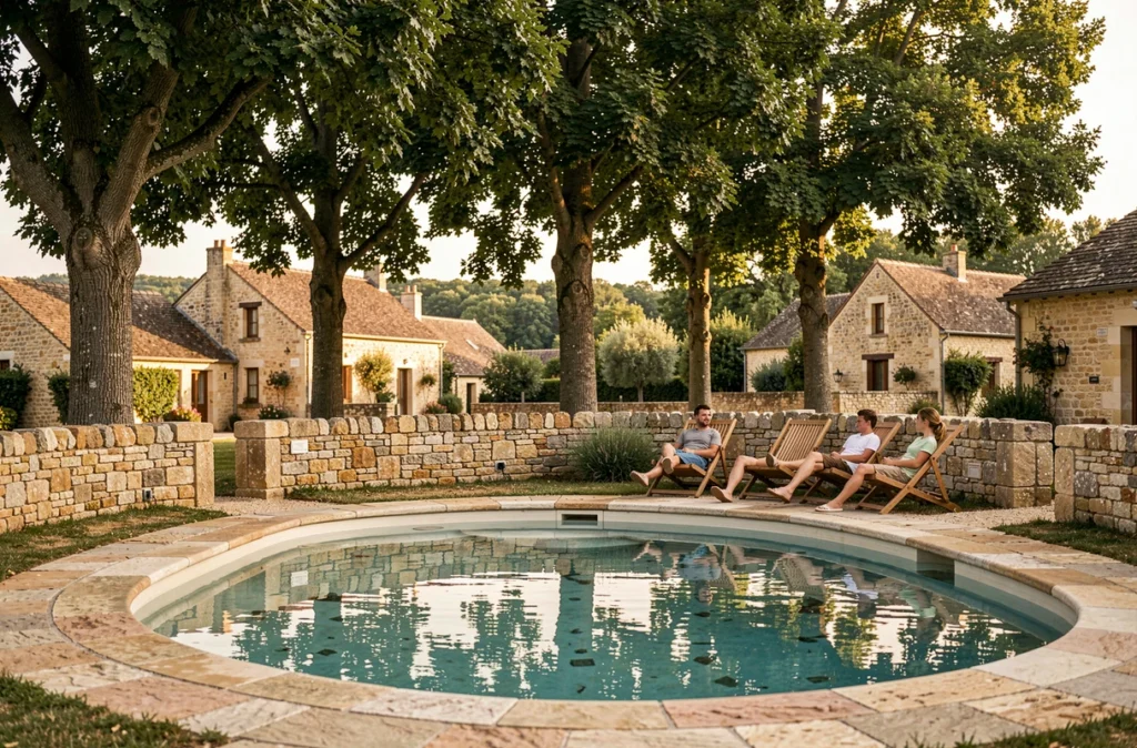 Piscine du Camping Les Pénéyrals à Saint-Crépin-et-Carlucet en Dordogne entourée d'arbres et de pierres calcaires