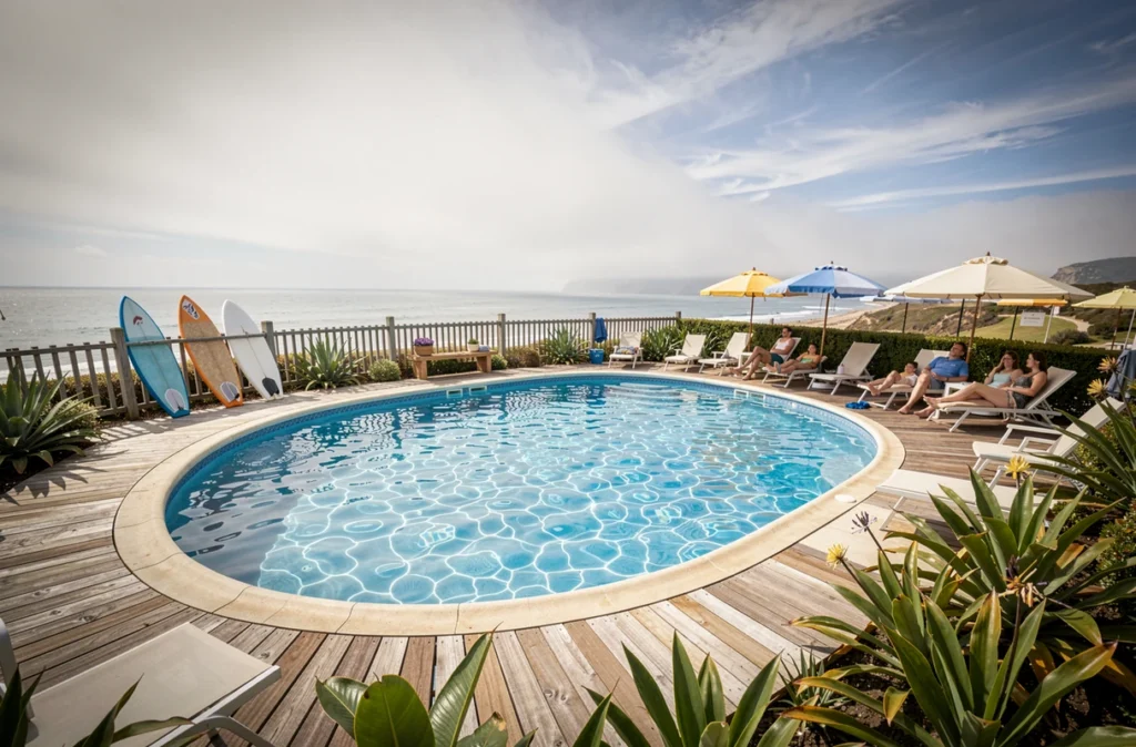Piscine du Camping Oyam à Bidart avec ambiance côtière atlantique et végétation tropicale