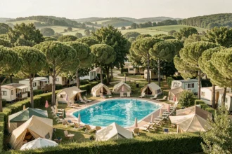 Vue panoramique d'un camping avec piscine en Nouvelle-Aquitaine entouré de pins et de verdure en été