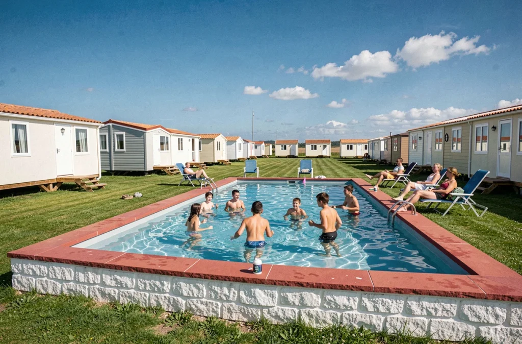 Piscine du Camping Ur-Onea à Bidart avec décor basque traditionnel aux couleurs rouge et blanc