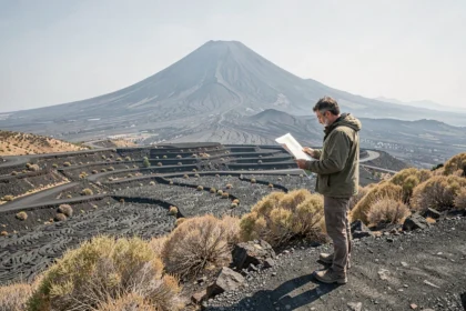 Randonneur consultant une carte topographique face au volcan Etna en Sicile, Italie, avec un paysage de lave et de végétation méditerranéenne