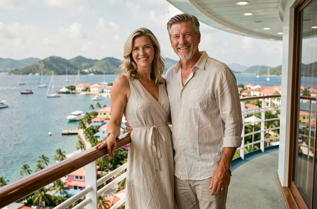 Couple élégant sur le balcon d'une cabine de croisière de luxe avec vue sur une baie des Caraïbes
