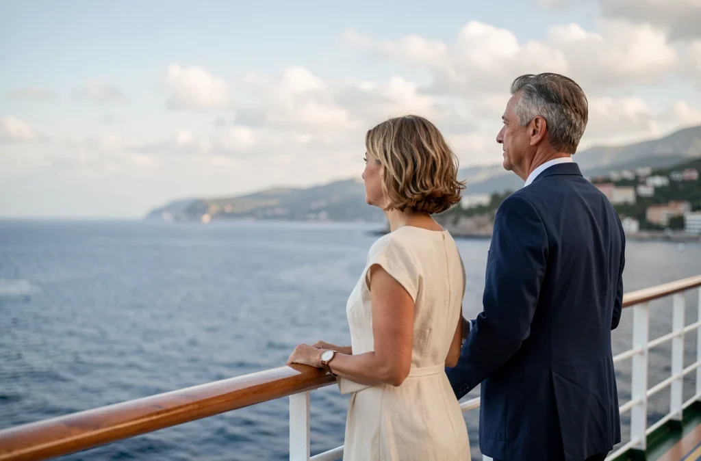 Couple en voyage profitant d'une croisière en Méditerranée sur le pont d'un bateau de luxe