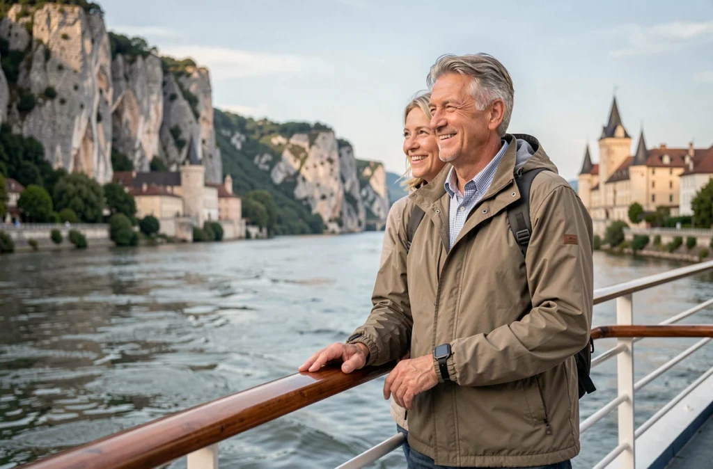 Couple de voyageurs profitant d'une croisière sur le Rhône depuis le pont d'un bateau