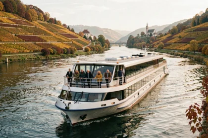 Croisière sur le Danube en automne dans la vallée de la Wachau avec vignobles dorés et bateau fluvial moderne