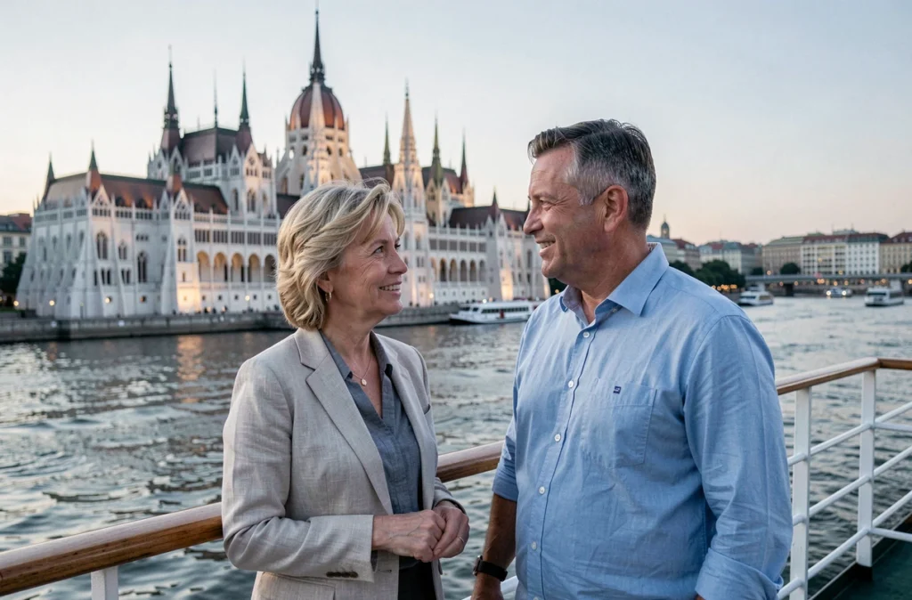 Couple profitant d'une croisière sur le Danube avec vue sur le Parlement de Budapest au crépuscule