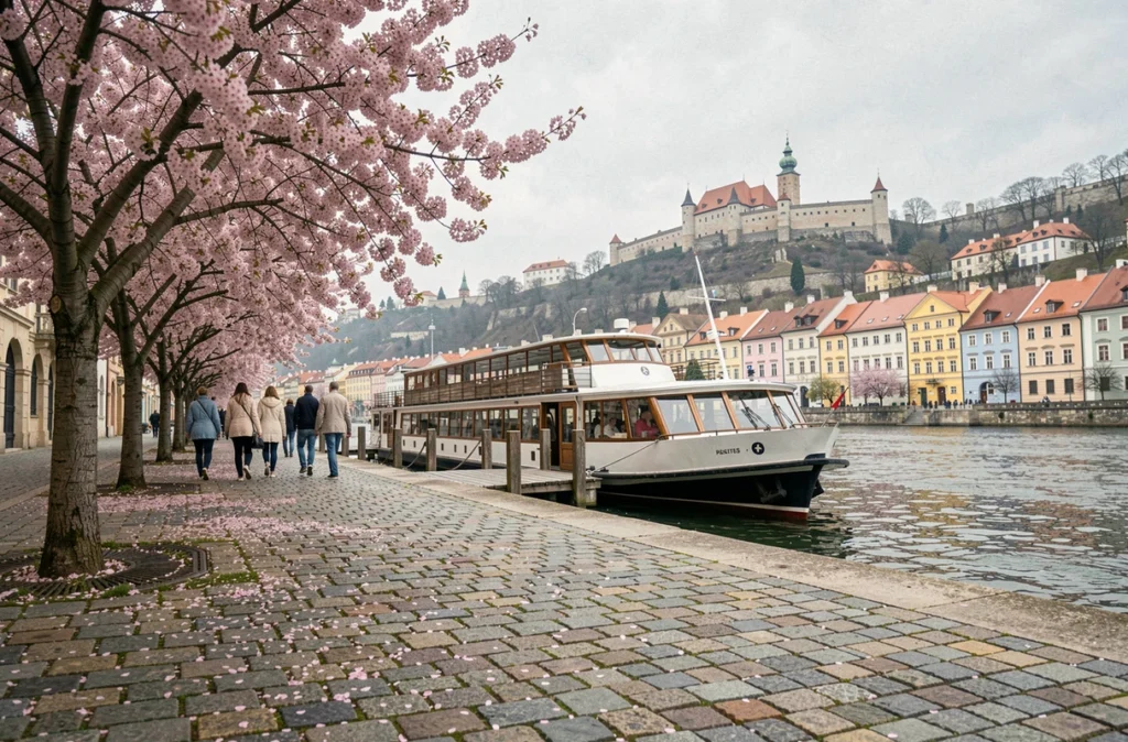 Printemps à Bratislava avec cerisiers en fleurs et bateau de croisière amarré sur le Danube