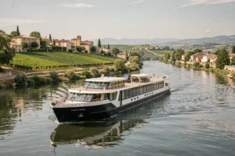 Bateau de croisière fluviale naviguant sur le Rhône entre vignobles et villages provençaux