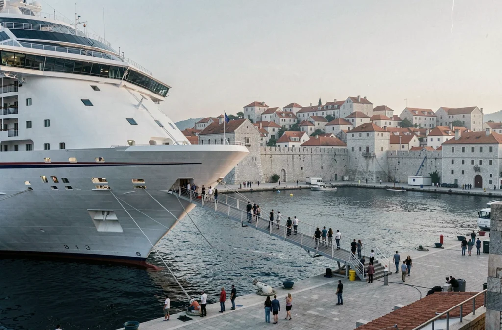 Navire de croisière amarré dans le port de Dubrovnik avec la vieille ville en arrière-plan