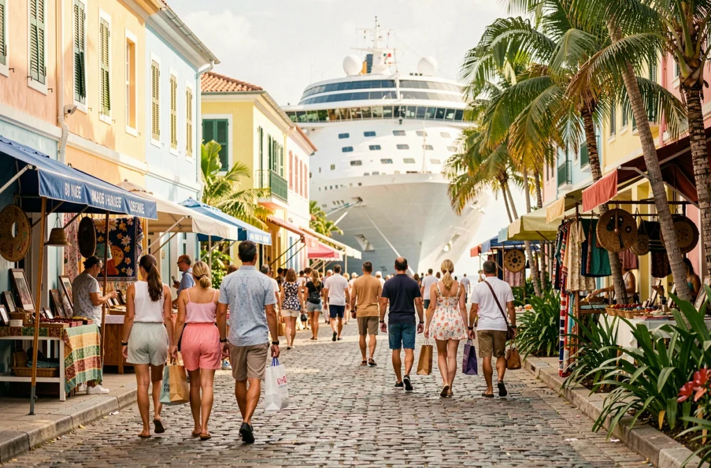 Passagers d'une croisière de luxe explorant un port colonial coloré des Caraïbes
