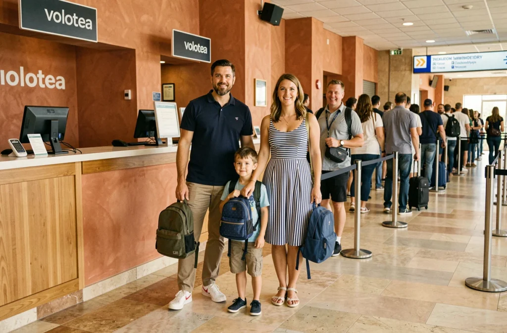 Famille avec enfants en bas âge dans la file d'embarquement prioritaire d'un aéroport